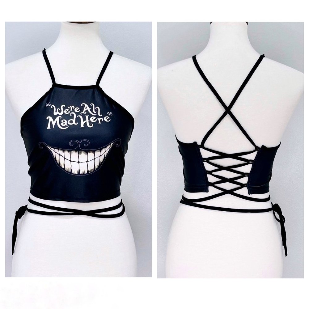 Alice in Wonderland Cheshire Cat Smile We’re All Mad Here Black Crop Top
